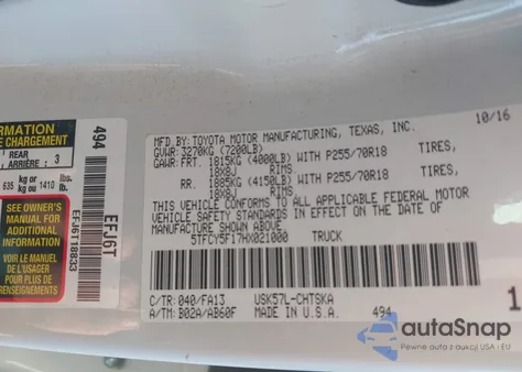 2017 Toyota Tundra Sr 5.7L V8 from USA, damaged, VIN 5TFCY5F17HX021000